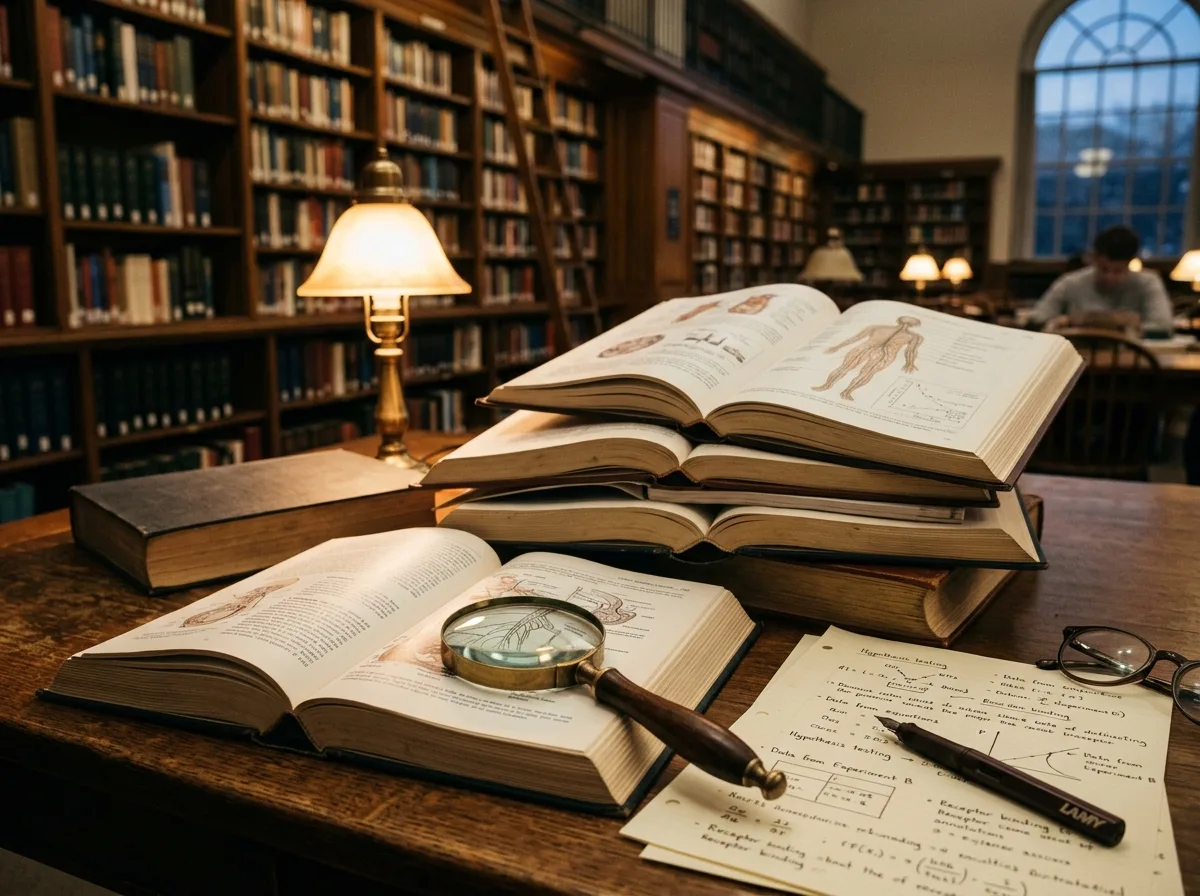 Стопка открытых научных медицинских журналов и книг на деревянном столе в библиотеке, рядом лупа и листы с заметками, тёплый мягкий свет лампы, академическая рабочая атмосфера без текстовых надписей на обложках