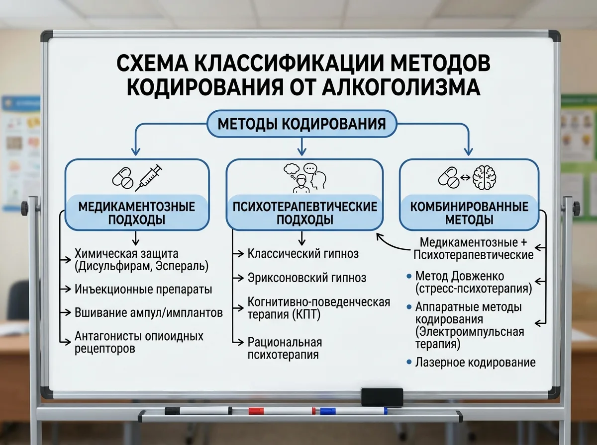 Схема классификации методов кодирования от алкоголизма: медикаментозные, психотерапевтические и комбинированные подходы