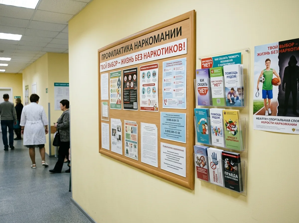 Информационный стенд профилактики наркомании в коридоре российской поликлиники, буклеты и плакаты на стене