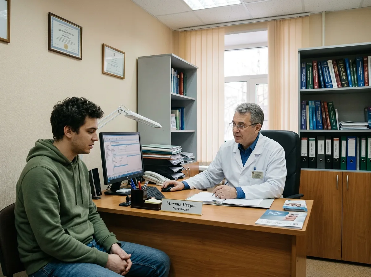 Врач-нарколог за рабочим столом консультирует пациента, медицинский кабинет, нейтральное освещение